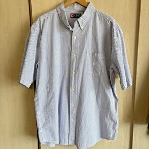 Chaps Shirt Men's Sz XXL Short Sleeve Button Down Seersucker White Blue Striped